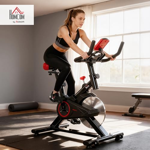 HOMCOM Vélo d'appartement vélo de Fitness avec écran LCD multifonctions capteur de fréquence cardiaque selle et guidon réglables poids volant inertie 6 Kg acier noir et rouge – Image 3