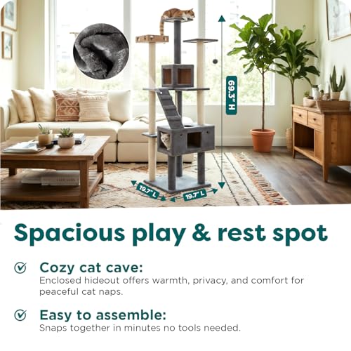 Image of FurHaven 69.3 inch Tall Cat Scratching Post Tower for Indoor Cats, Sisal Cat Tree with 2 Condos, Tiger Tough Double Decker Playground, Toys & Perches for Cats, Sisal, Silver Gray