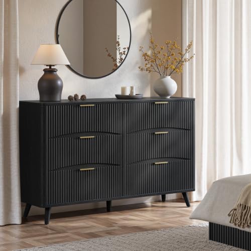 Image of Evermagin 54 inch Curved Fluted 6-Drawer Dresser, Mid-Century Modern Black