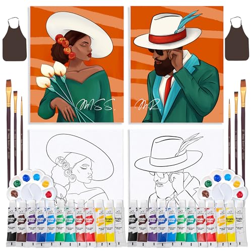 Kit de fiesta de pintura y sorbo para parejas con dos lienzos prepintados de caballero y dama