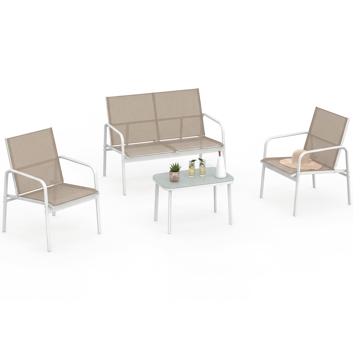 IDMarket - Set di mobili da Giardino Basso a 4 posti TOLEDE con Divano, poltrone e Tavolo in Bianco e Beige