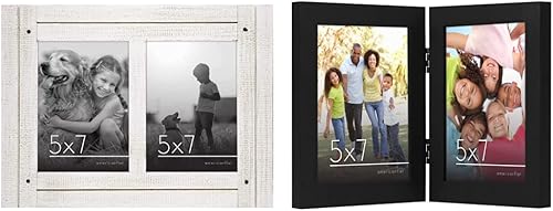 Americanflat Portarretratos doble de 5 x 7 pulgadas en blanco Aspen y marco de fotos con bisagras de 5 x 7 pulgadas en negro con dos pantallas,