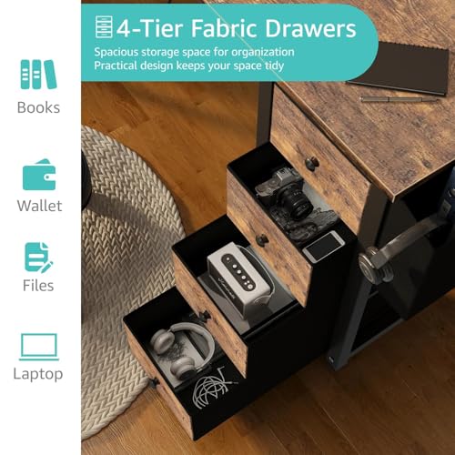 Lufeiya L Shaped Computer Desk with Drawers & Storage Shelves, 63 Inch Corner Desk with Power Outlet for Home Office Bedroom, L-Shaped Teen PC Gaming Desks with Fabric Drawer, Rustic Brown