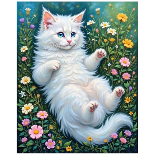 EnLvYY White Cat in Flowers Paint by Numbers Kit for Adults, DIY Acrylic Painting on Canvas 16x20 Inch, Playful Kitten with Pink Paws and Bright Flowers, Unframed, Gift for Cat and Pet Lovers