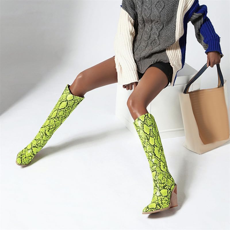 SEIFIN Neon Green Snakeskin Cowboy Boots Knee High Stacked Heel Pointed Toe Cowgirl Boots