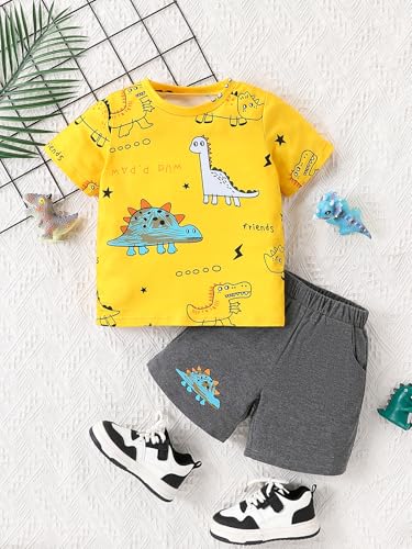 Image of Boys Outfits Yellow Dinosaur Print Short Sleeve T-Shirt and Dark Grey Shorts Set for 4-7 Years Old
