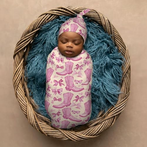 Image of Retro Pink Cowgirl Boot Newborn Swaddle Blankets Hat Sets Soft Baby Receiving Blanket Swaddle Sack for Baby Shower Infant Boy Girl Gift