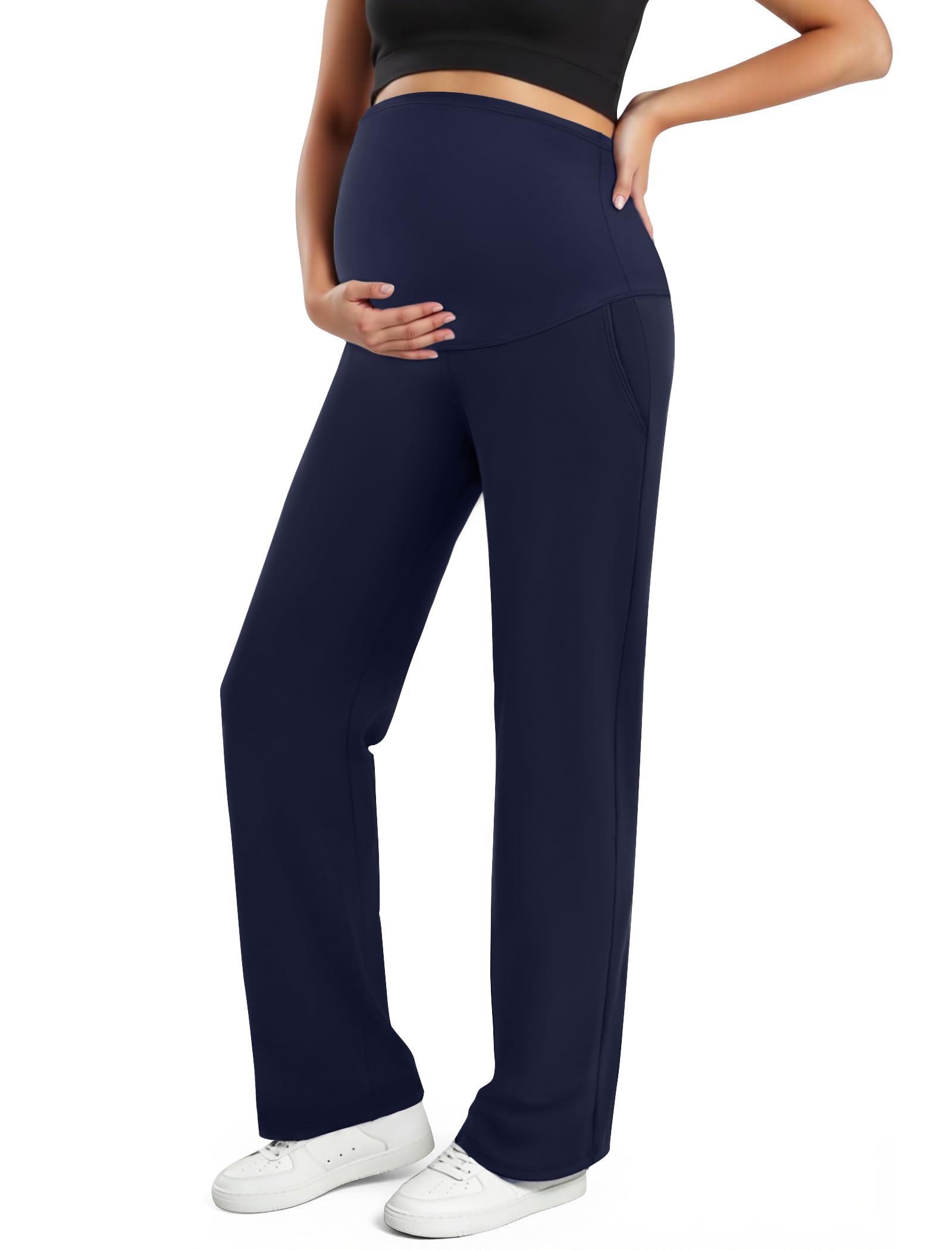 Photo 1 of DLOODA Womens Maternity Dress Work Pants, Wide Leg Pregnancy Trousers Over The Belly Stretchy Yoga Pants with Pockets Navy
