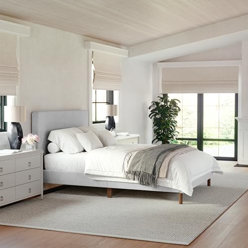 Image of Martha Stewart Britta Platform Bed with Headboard & Footboard, Faux Linen Upholstery with Piping Detail, Rounded Headboard, No Box Spring Needed, Full, Gray