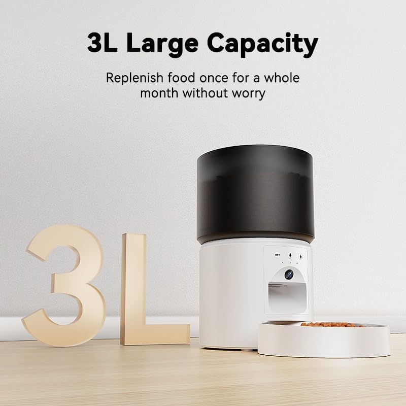 ROJECO Automatic Pet Feeder with a large '3L' graphic next to it, indicating its capacity.