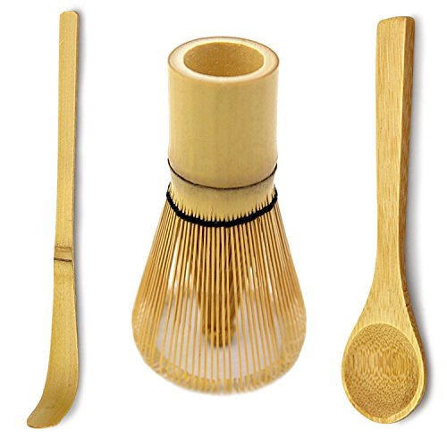 Bamboo Whisk with Hooked Bamboo Scoop & Spoon Set - Matcha Tea Whisk for Matcha Tea Preparation - MATCHA DNA Brand - Traditional Matcha Whisk Made from Durable and Sustainable Golden Bamboo