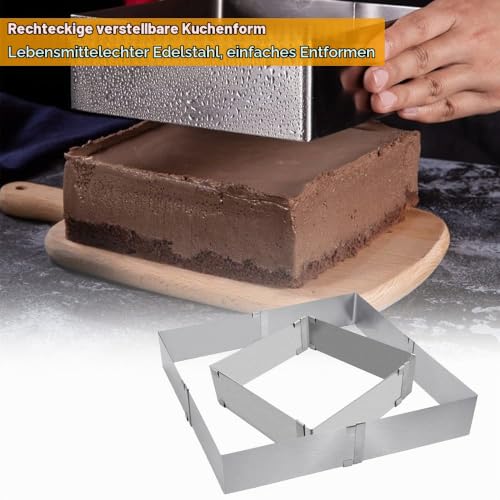 Foto von BUENTYA Backrahmen Rechteckig Verstellbar Tortenrahmen Mousse Ring Edelstahl Backrahmen Backform Max 28 * 28 * 5 cm Dekorierrahmen Tortenring Eckig Kuchenrahmen Kuchenring für Kuchen Torten Pizza