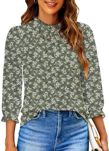 SimpleFun Womens Blouses 3/4 Sleeve Ruffle Neck Printed Business Casual Tops Flowy Dressy Work Shirts