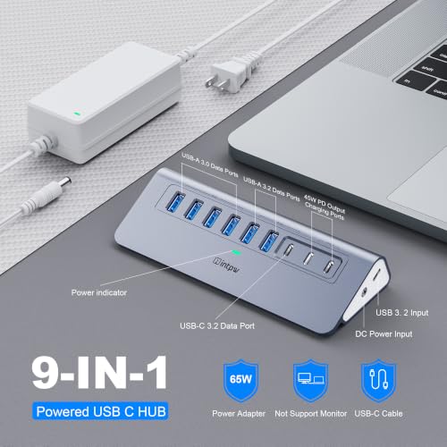 Image of Powered USB Hub 10Gbps, intpw YH6AC 9-Port USB Splitter with USB A /USB C 3.2, 4 USB 3.0, 2 PD 45W Charging Ports, 65W Power Adapter + 3.3FT Cable, Aluminum USB Extender Hub for Laptop, PC,iPhone 17 /16