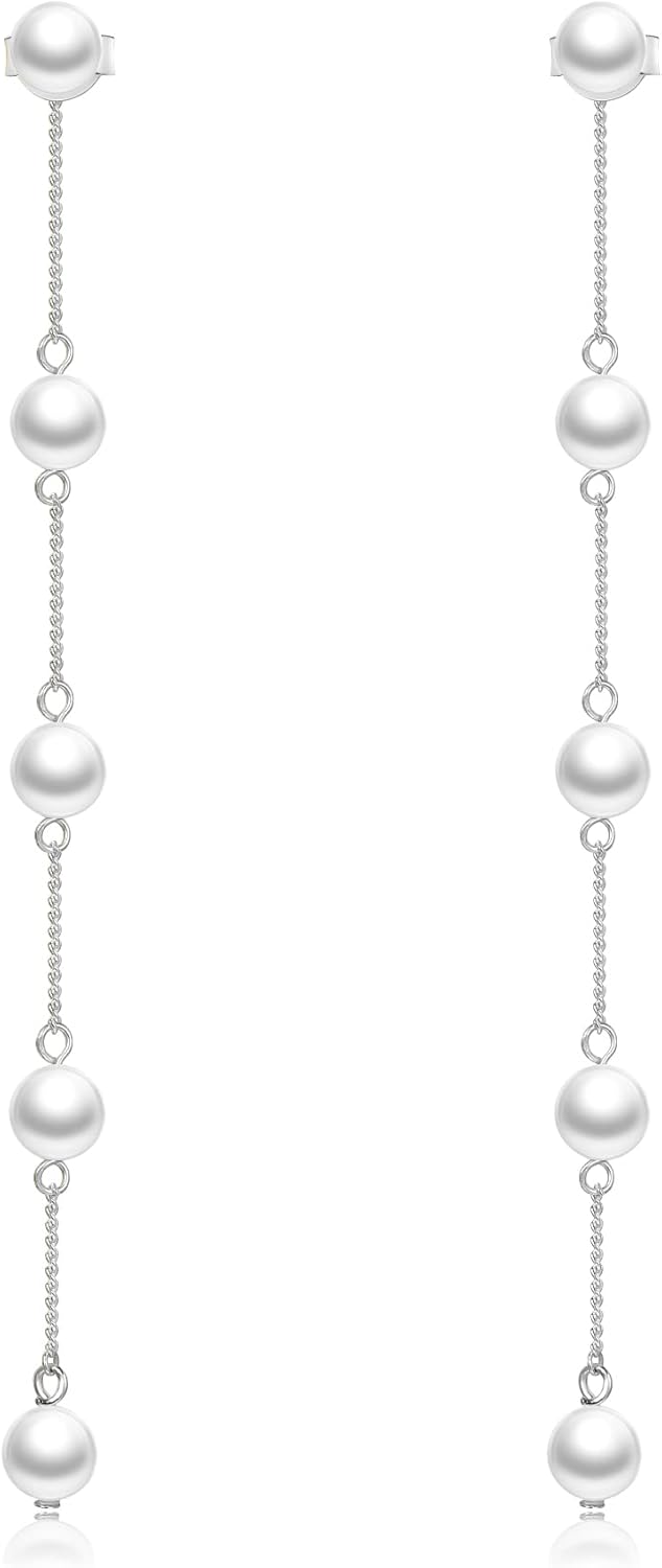 Round Pearl Drop Bride Earrings 5mm AAAA+ Handpicked Pearl, 925 Sterling Silver Dangle Handmade Long Tassel Wedding Bridal Earrings for Women, Bridesmaid Gift