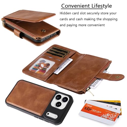 Étui portefeuille iPhone 14 Pro Max cuir marron housse rabat fente cartes fermeture éclair