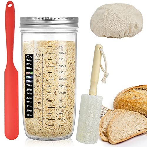 Akamino 6-teiliges Sauerteig-Starter-Glas-Set, 758 ml Sauerteig-Starterglas mit Aluminiumdeckel, Thermometer, Stoffabdeckung und Silikon-Glasspatel für Sauerteig, Brotbacken, Luffa-Schwamm-Schrubber Cover