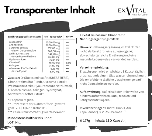 Glucosamin Chondroitin hochdosiert - 1200 mg pro Tag- mit Curcuma, Weihrauch, Hyaluronsäure, Vitamin C, Collagen & Piperin -180 Kapseln, laborgeprüft
