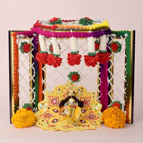 SATVIK 1 Pc of 8 Inch Phool Bangla God Statue Floral Backdrop Laduu Gopal Ganpati Murti Pujan Mandir Flower Singhasan Asan Krishna Kishan Thakurji God Idol Diwali Festival Home Temple Dcor Items