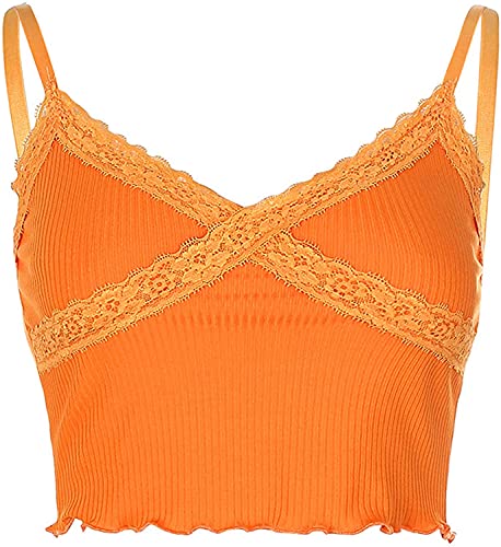 Y2K Crop Tops Damen, Teenager Mädchen Y2K Spitze V-Ausschnitt Top Sexy Tie Dye 90er Ärmelloses Bauchfrei Tank Top Weste Bluse Frauen Cami Shirt Kurze Oberteil (1-orange,M) Cover