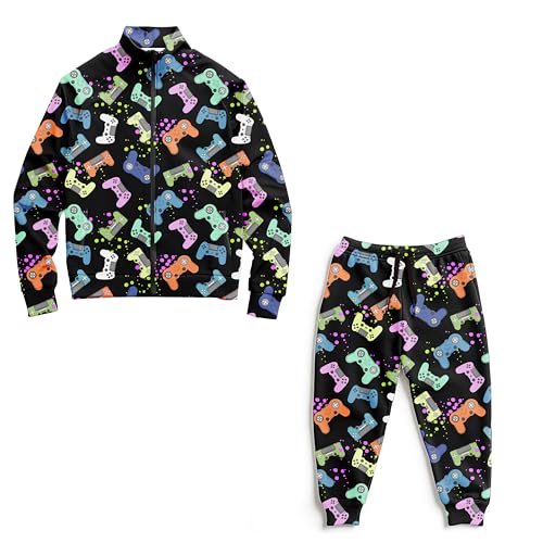 Image of SQPO Girls' Boys' Two-Piece Sportswear Retro Gamer Controller Zippered Lapel Long-Sleeved Jacket And Sweatpants Kids Set XX-Large 170