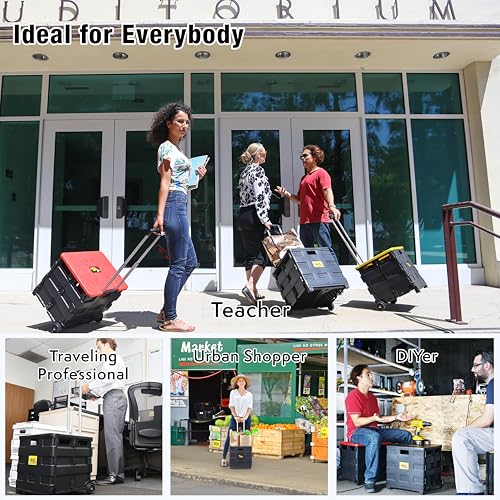 Image of dbest products Quik Cart Collapsible Rolling Crate on Wheels for Teachers Tote Basket 80 lbs Capacity, Made from Heavy Duty Plastic Used as a Seat, Black