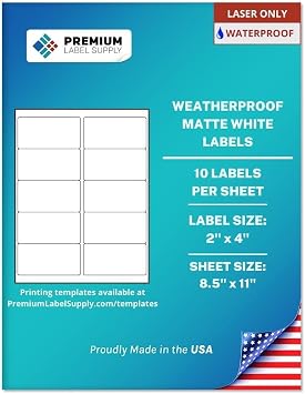 Premium Label Supply Waterproof White Address Sticker Labels 2" x 4" Laser Printers Only 10 per Sheet, 10 Sheets - 100 Total Adhesive Labels
