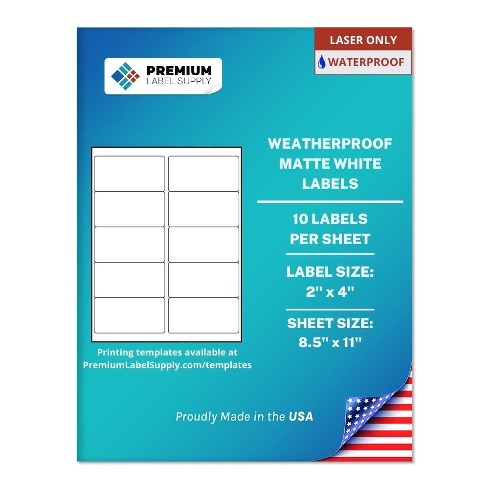 Premium Label Supply Waterproof White Address Sticker Labels – 2" x 4" – Laser Printers Only – (10 per Sheet), 25 Sheets - 250 Total Adhesive Labels