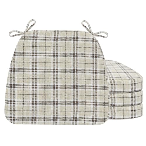 Image of AAAAAcessories D-Shaped Chair Cushions, 2 inch Thick Dining Chair Pads with Ties and Removable, Machine-Washable Cover, 17 inch x 16 inch, Set of 4, Tan Plaid