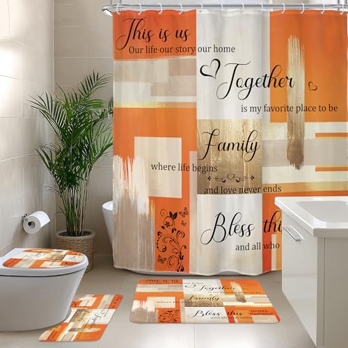 Riyidecor Beige Orange Abstract 4Pcs Bathroom Shower Curtain Sets Oil Painting Inspirational Quotes Bathroom Decor Set with Rugs and Accessories Gold Toilet Lid Rug Contour and Bath Mat with 12 Hooks