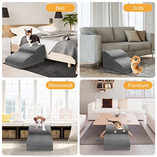 Lannvan Hundetreppe für Kleine Hunde, 2 Stufen Haustiertreppe Katzentreppe, Hunderampe aus Schwamm für Sofa Bett, Hunde Treppen mit Abnehmbarer Bezug, Waschbar Haustierleiter, Senden Fusselrolle, Grau