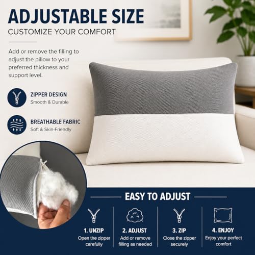 Image of Standard Sleeping Pillow Set of 1 with Adjustable Height | 27 x 16 Inch | Fluffy & Soft Siliconized Hollow Polyester Fiber, Jacquard Cover with Zip Closure - White & Grey