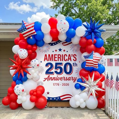 150Pcs Red White and Blue Balloon Garland Arch Kit for America's 250th Anniversary, Patriotic Decorations with Star Print & USA Flag Foil Balloons for 4th of July, Independence Day, Memorial Day