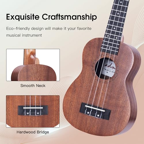 Image of ADM Ukulele for Beginners Hawaiian Sapelewood Ukelele Kit for Adult Student Starter Professional Ukalelee Pack Bundle with Free Lessons Gig Bag Strap Nylon String Tuner (Brown-Sapele, 21 Inch)