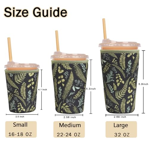 Image of Reusable Insulated Sleeve for Iced Coffee Cup, 3-Pack Coffee Neoprene Drink Sleeve for Cold & Hot Drinks, Beverage Holder for Iced Coffee (Earthy Ferns)