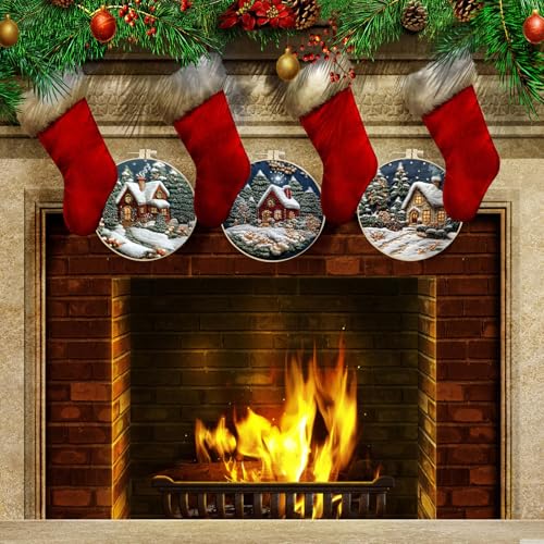 Image of EOBTAIN 3 Pcs Winter Christmas Embroidery Kit for Beginners,Christmas Village Embroidery Starter Kit Green Xmas Tree Snow Scene Stamped Patterns with Hoop,Thread,Needles,Hand DIY Craft Kits for Adults