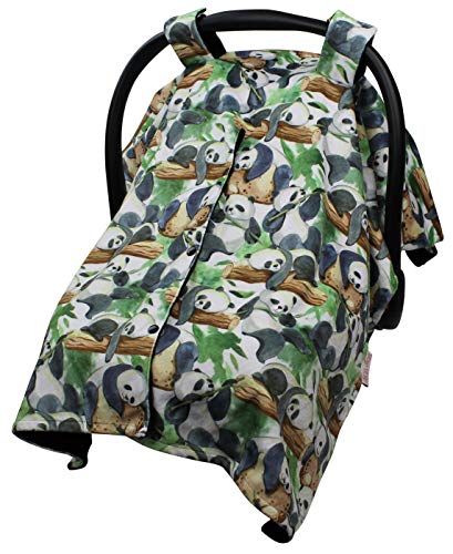 Image of Baby Car Seat Canopy Cover - Traveling Panda Bears on Tree with Black Minky Dot