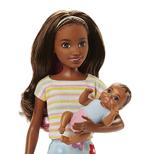 Image of Barbie Dolls and Accessories, Brunette Skipper Doll with Baby Figure and 5 Accessories, Babysitters Inc. Playset