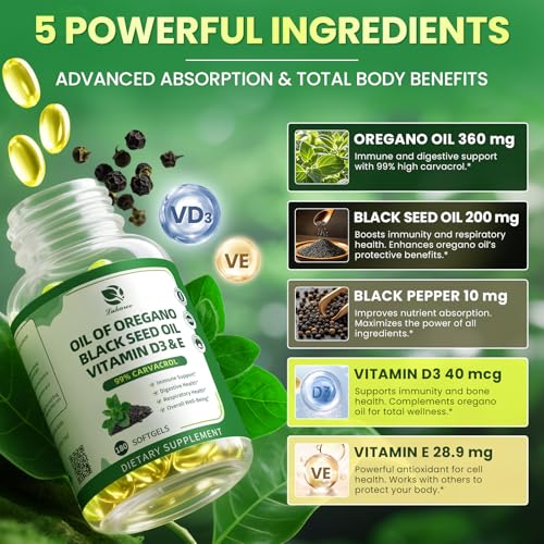 Organic Oregano Oil Capsules with Black Seed Oil, Ultra-Concentrated 99% Carvacrol, 5-in-1 with Vitamin D3 E Black Pepper, Immune, Respiratory, Digestive & Antioxidant*, 180 Softgels, Easy to Swallow — view 3