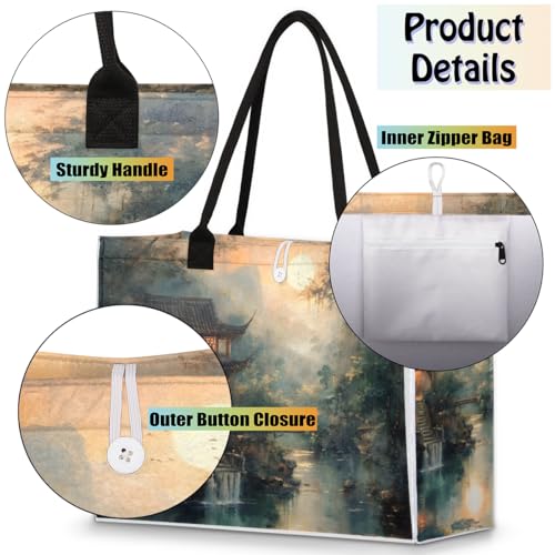 Landscape House River Tote Bag for Women Large Beach Bag Reusable Tote Bags for Work Travel Beach Shopping4