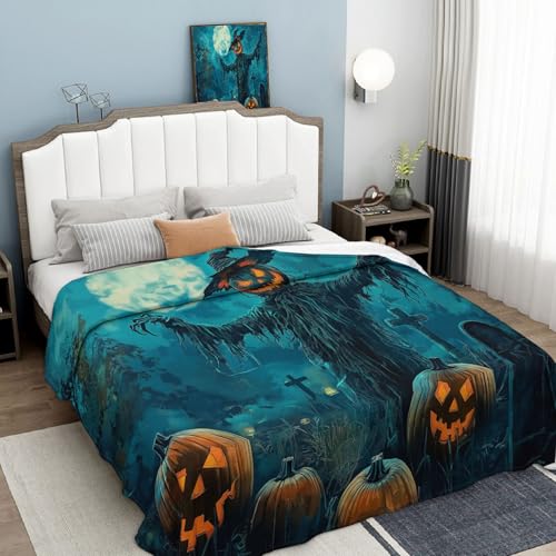 Couverture Halloween en flanelle bleu-vert au design d'horreur raffiné