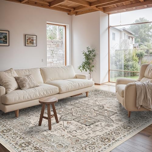 RUUGME Washable 6x9 Area Rug - Vintage Rugs with Non Slip Backing Stain Resistant Carpet for Living Room Bedroom Indoor Ultra-Soft Low Pile Home Decor Mat for Nursery 6x9 Ivory