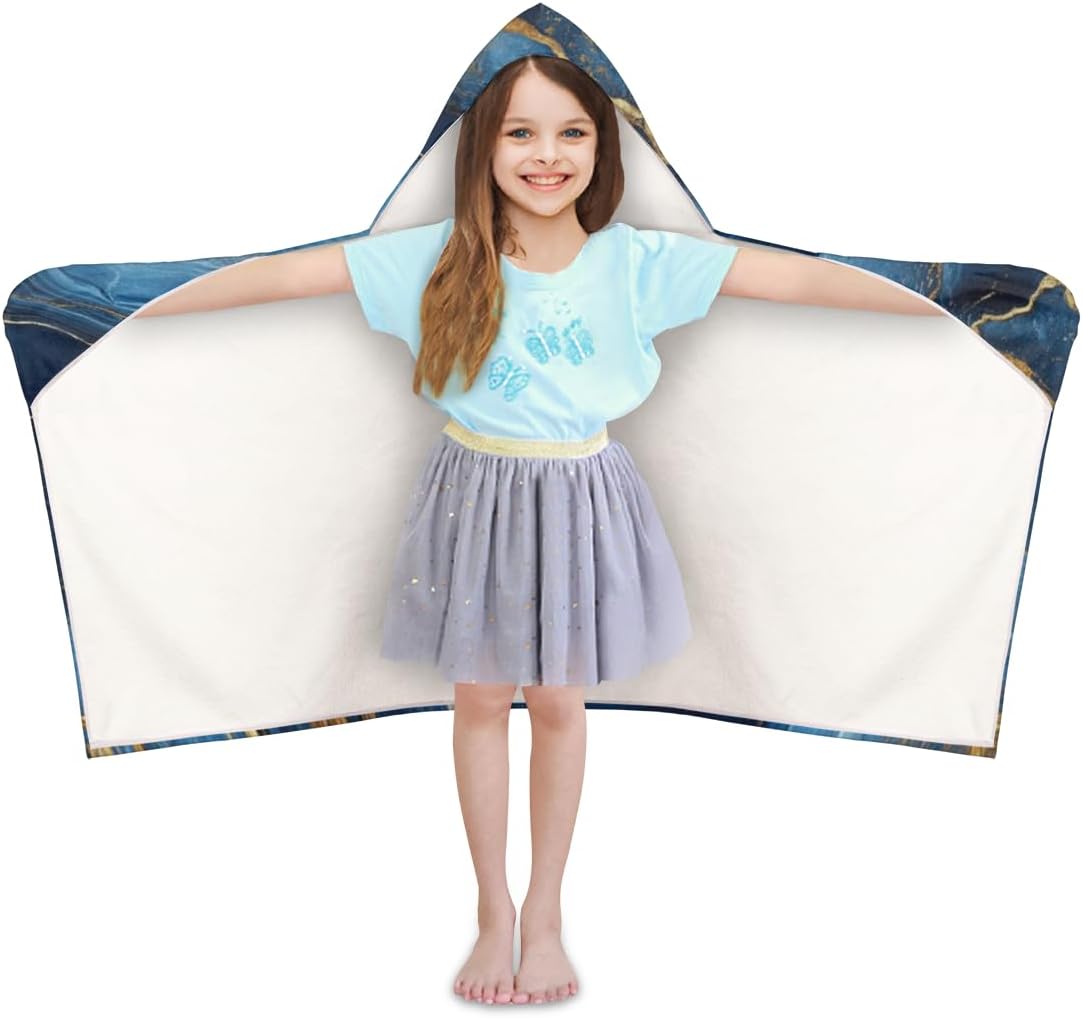 Blue and Gold Marble Personalized Kids Beach Towel for Boys Girls, Modern Custom Name Hooded Bath Towel Quick Dry Absorbent Beach Blanket Pool Swimming Towels