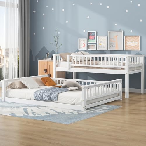 Merax Twin XL Over Queen Floor Bunk Bed with Ladder and Guardrails, Bedroom Wood Bunk Bed Frame for Kids/Teens/Youths/Adults, Space Saving & Noise Free, No Box Spring Needed, White - Image 4