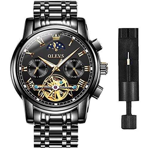 Men Automatic Watch Adjustable Stainless Steel Watch Links Tourbillon Moon Phase Date Week Waterproof 41mm Black Luminous Self Winding Watch No Battery Fashion Luxury Watches