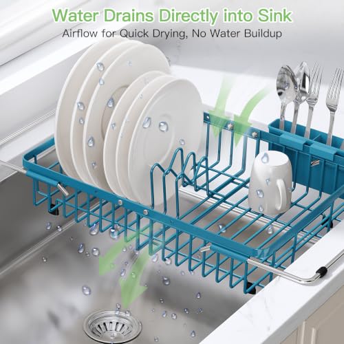 Image of JASIWAY Blue Dish Drying Rack Over the Sink with Utensil Holder