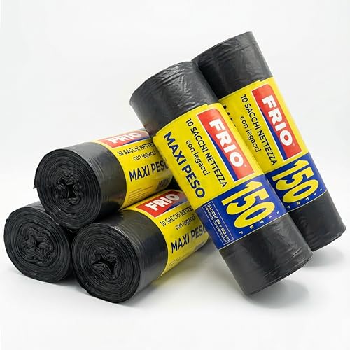 FRIO - 50 bolsas de basura negras grandes, 150 litros, sacos de residuos comunitarios MAXI PESO para cubo de basura, reciclaje, con asas de cierre; bolsas de basura 80x120 cm, multicapa, resistentes