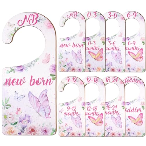 Image of CORNER LACE Baby Closet Dividers 8PCS, Butterfly/Floral Theme Wooden Double-Sided Clothes Size Hanger Organizer from Newborn to Toddler for Nursery Decor Baby Shower Birthday Gift