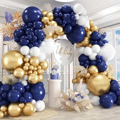 Image of 412Pcs Navy Blue and Gold Balloons Arch Garland Kit,5 10 12 18 inch gold and blue balloons for Birthday, Wedding, Graduation, Anniversary Decorations