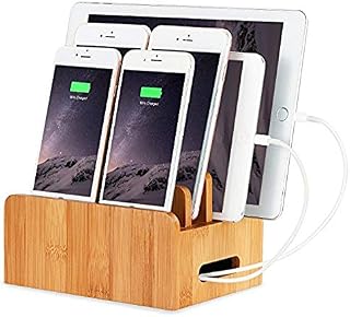 XPhonew Bamboo Wood Desktop Multi-device Cords Organizer Stand and Charging Station Charger Docks Cradle Holder for iPhone 11 Pro Max XS XR X iPad Mini 4 5 Samsung OnePlus LG Smartphones and Tablets